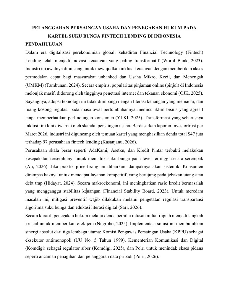 PELANGGARAN PERSAINGAN USAHA DAN PENEGAKAN HUKUM PADA  KARTEL SUKU BUNGA FINTECH LENDING DI INDONESIA 